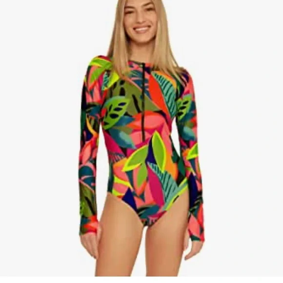 Trina Turk Rainforest Open Back Paddlesuit Rashguard Long Sleeved Swimsuit 1 Pc - Picture 7 of 8